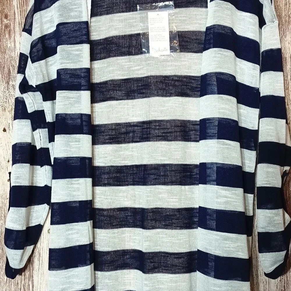 Sheer Navy White Striped Cardigan 3/4 Sleeves Coastal Capsule Nautical M - Picture 5 of 11
